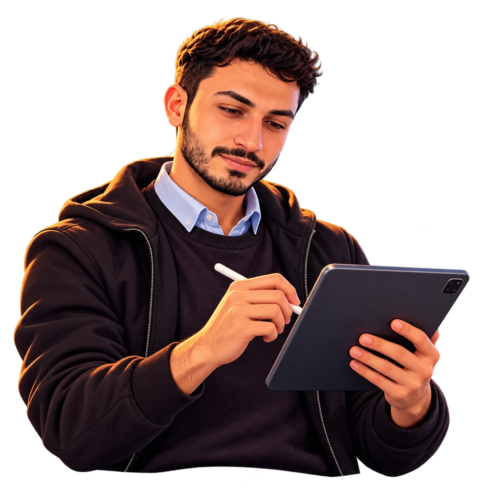 Abdel Rahman illustrated designing on a tablet