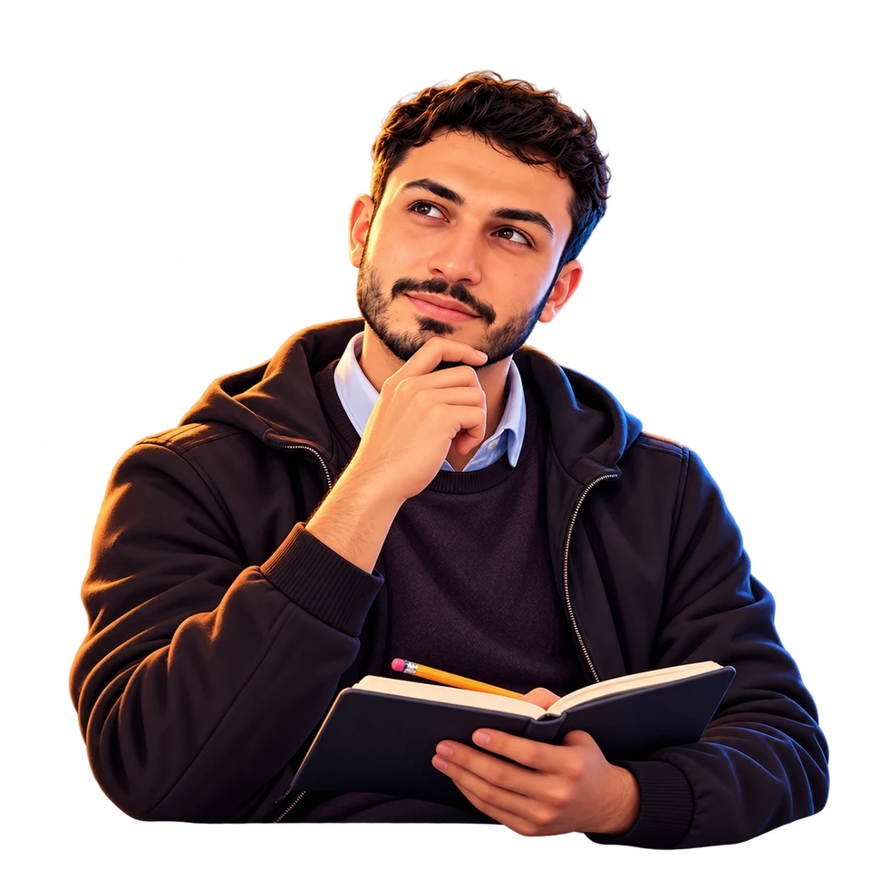 Abdel Rahman illustrated thinking with a notebook